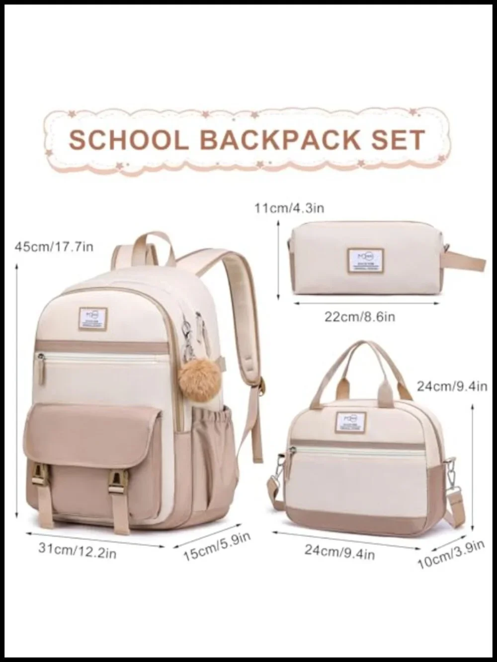 Girls School Backpack Set with Lunch Box Pencil Case, Waterproof Nylon Bookbag